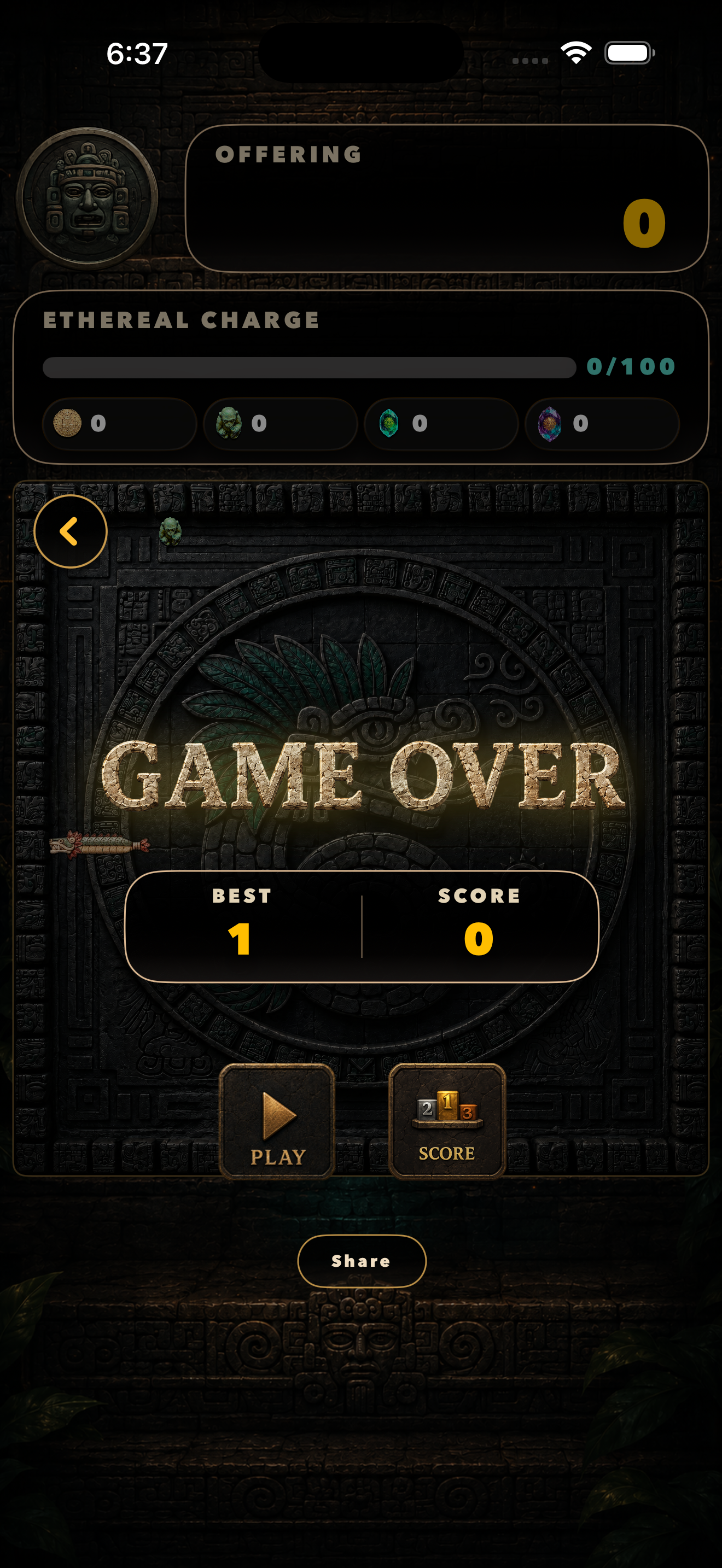 Game Over result screen with best Offering and final score
