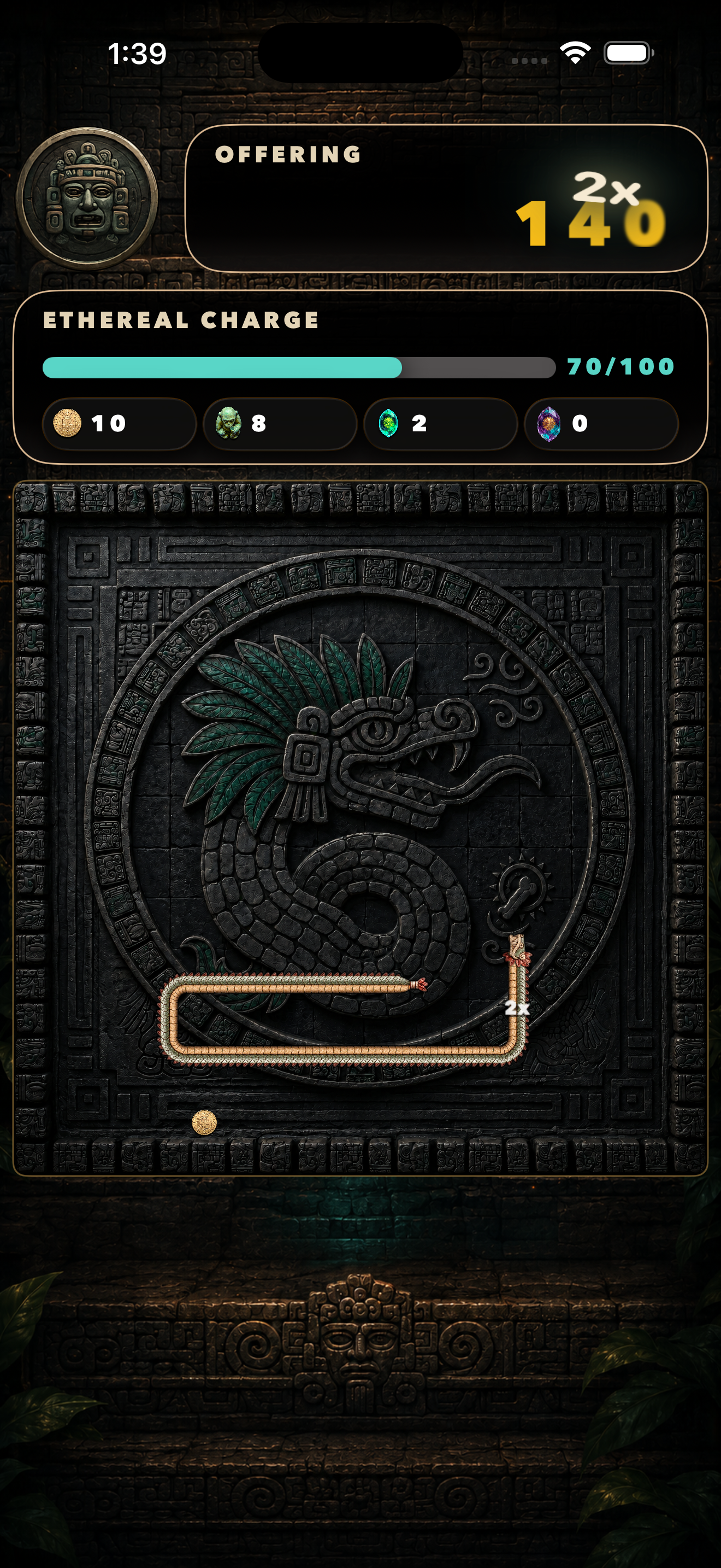 A long Feathered Serpent crossing the ceremonial game board